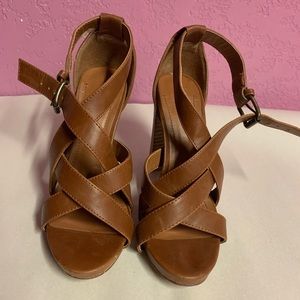 Brown faux leather strap up sandal block heel